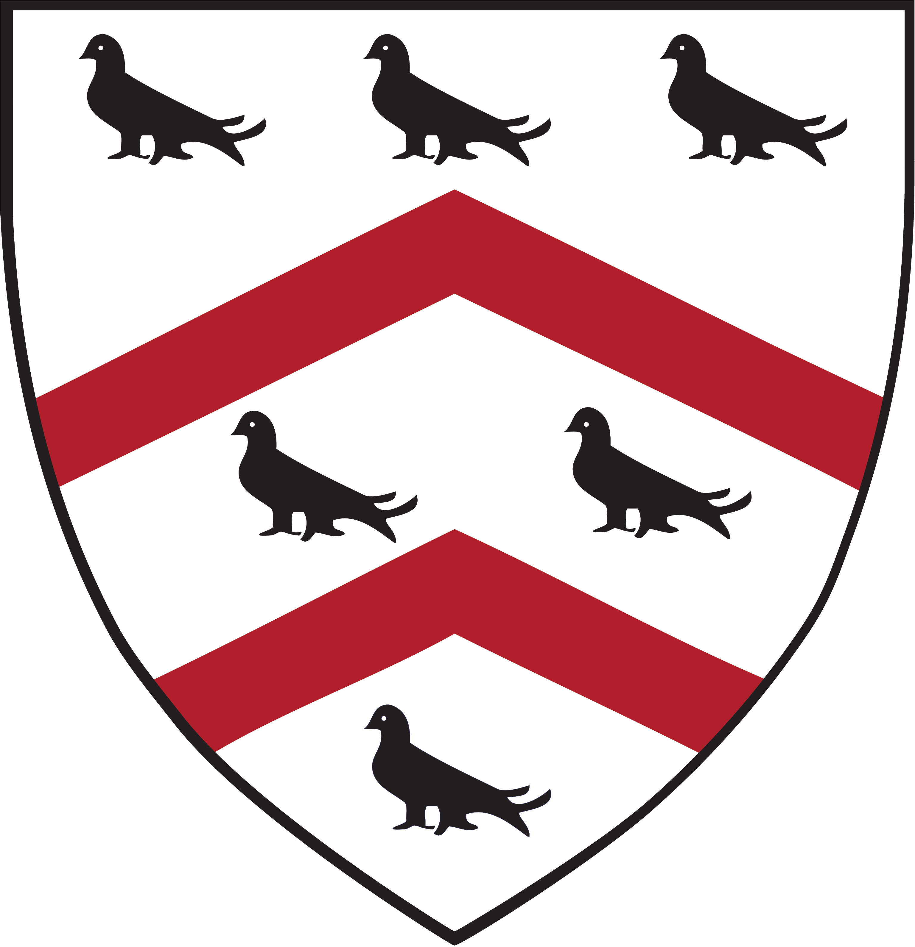 Worcester College shield with scarlet chevrons and six black martlets