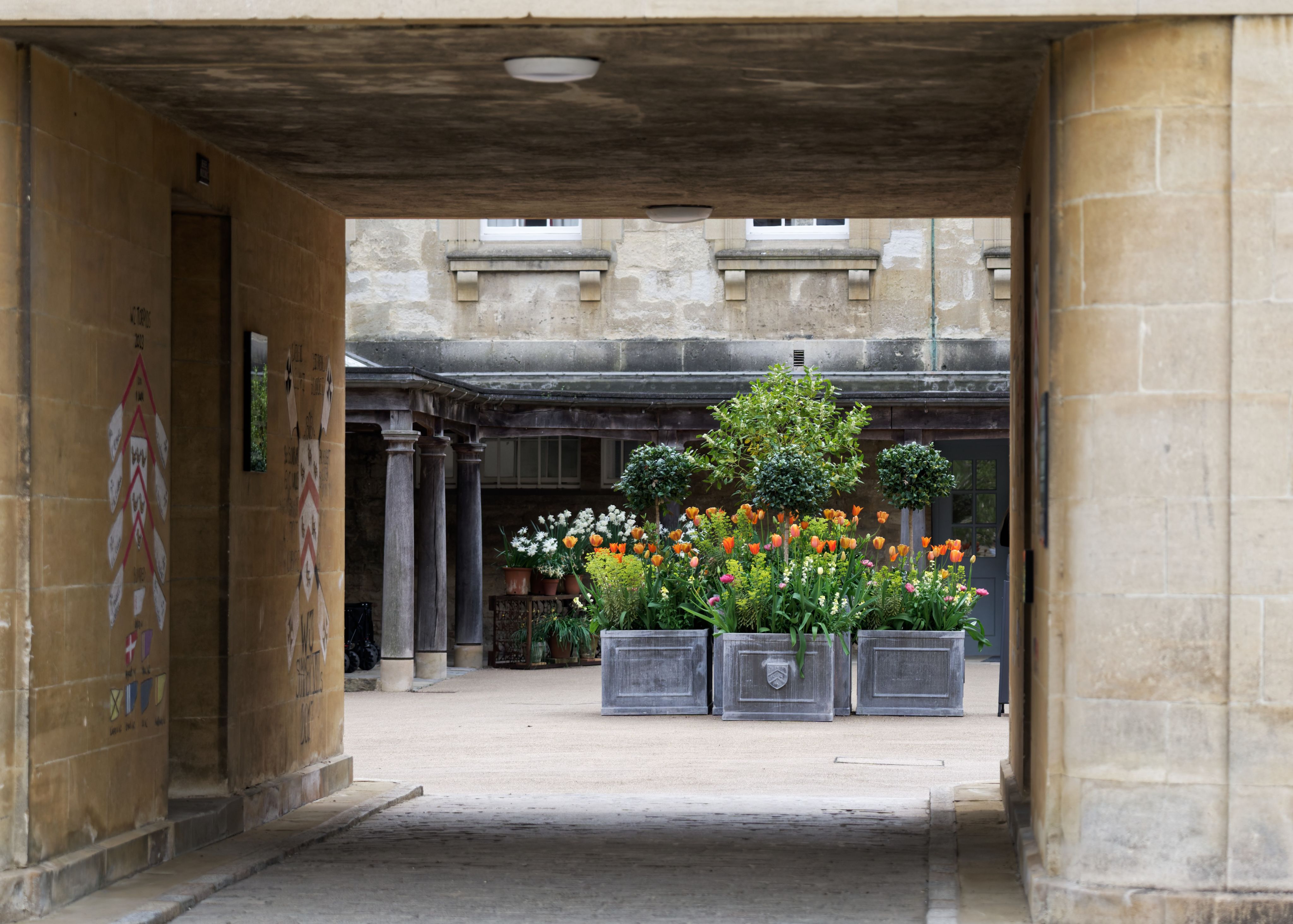 Looking through Besse Quad archway to flower pots